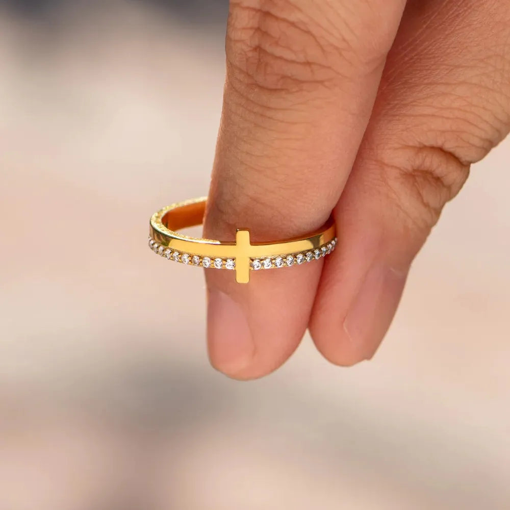 Sleek Cross Ring with Crystal Accents, A Modern Twist on a Timeless Symbol