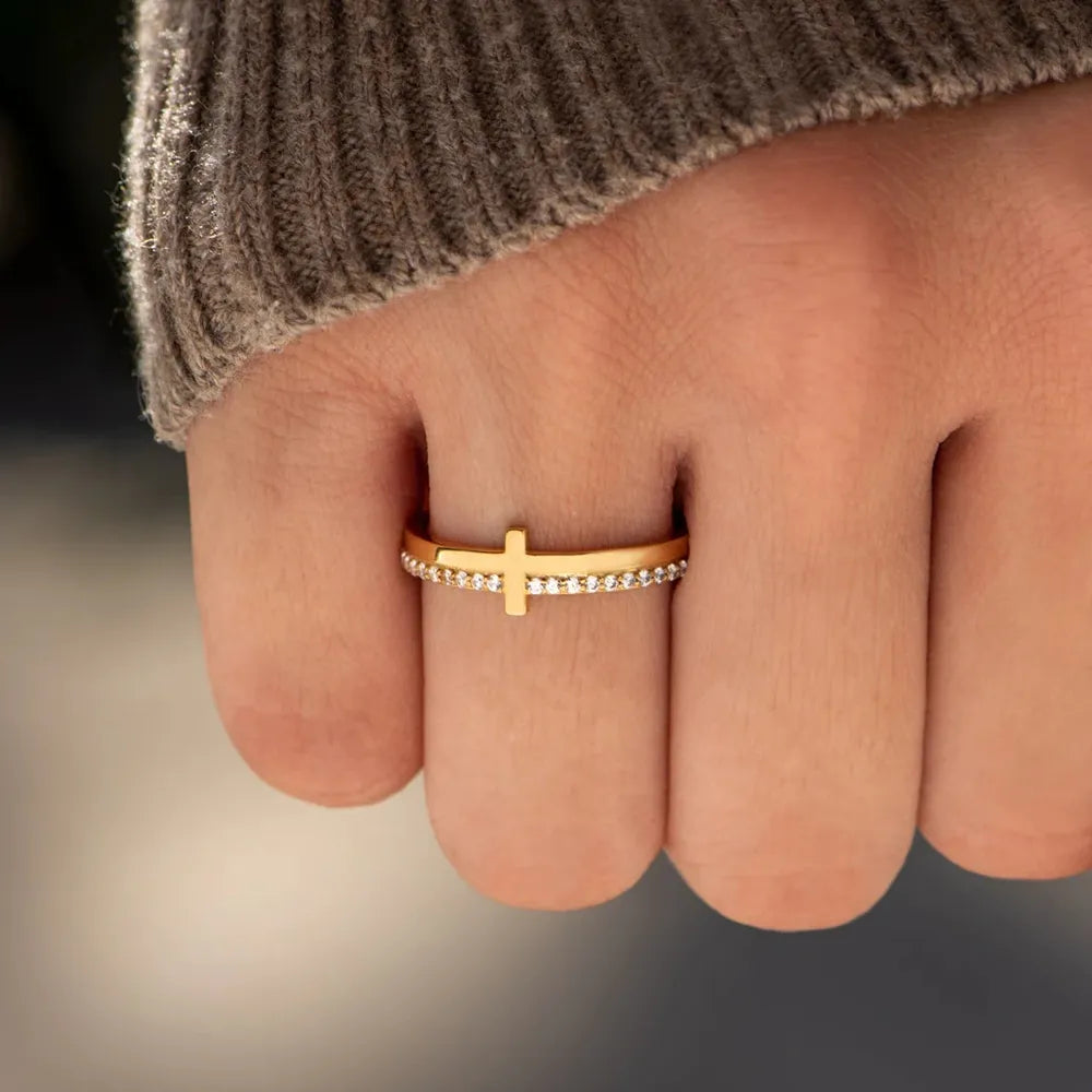 Sleek Cross Ring with Crystal Accents, A Modern Twist on a Timeless Symbol