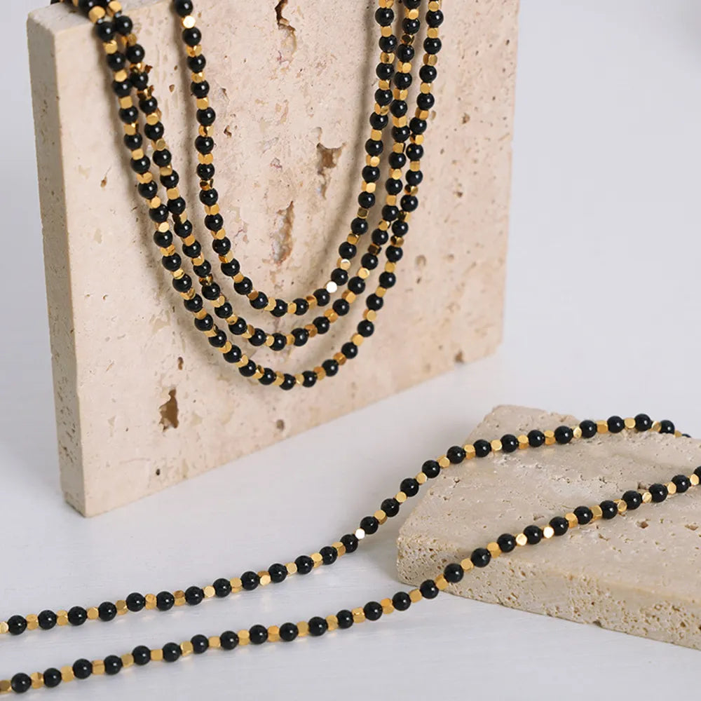 Square titanium steel gold-plated natural black agate stone handmade bead necklace jewelry for women