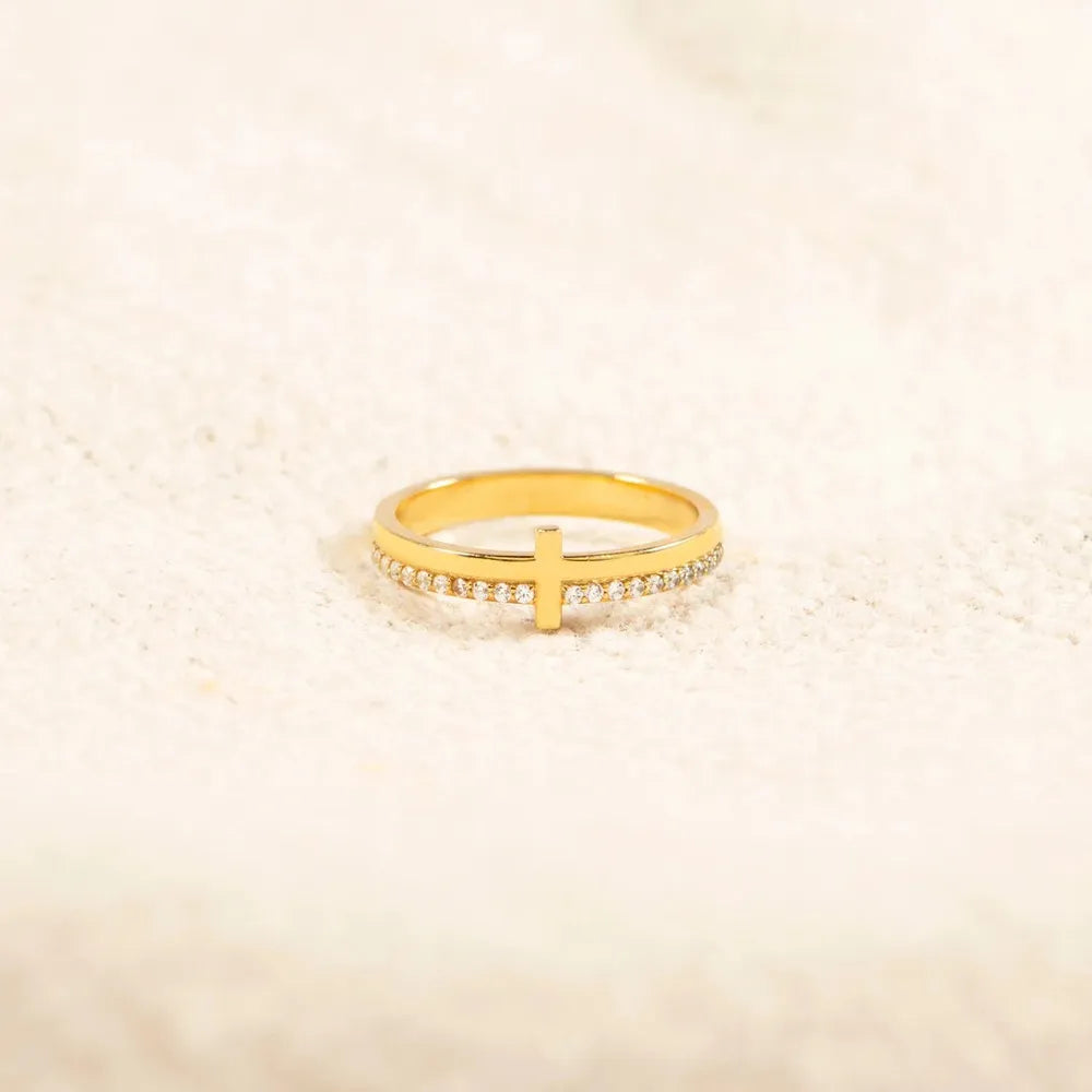 Sleek Cross Ring with Crystal Accents, A Modern Twist on a Timeless Symbol