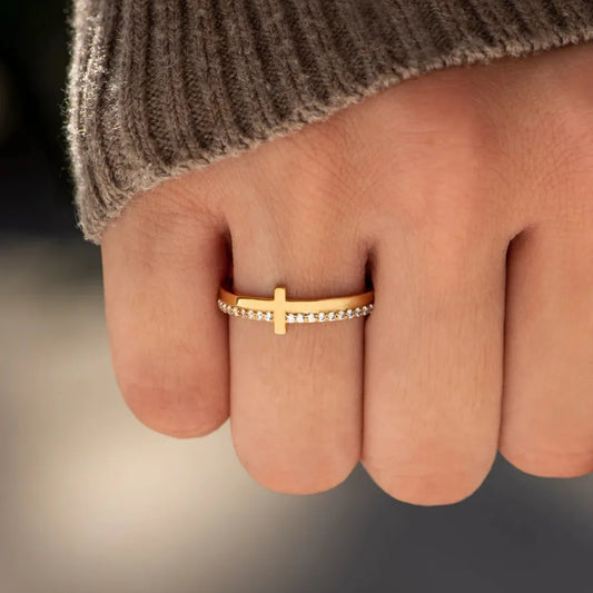 Sleek Cross Ring with Crystal Accents, A Modern Twist on a Timeless Symbol