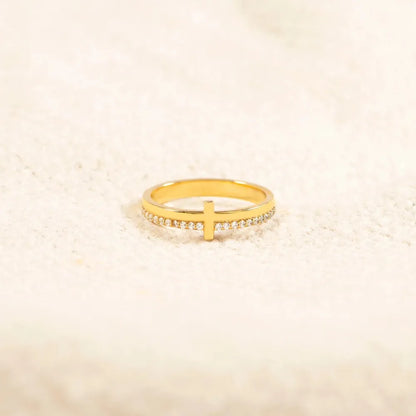 Sleek Cross Ring with Crystal Accents, A Modern Twist on a Timeless Symbol